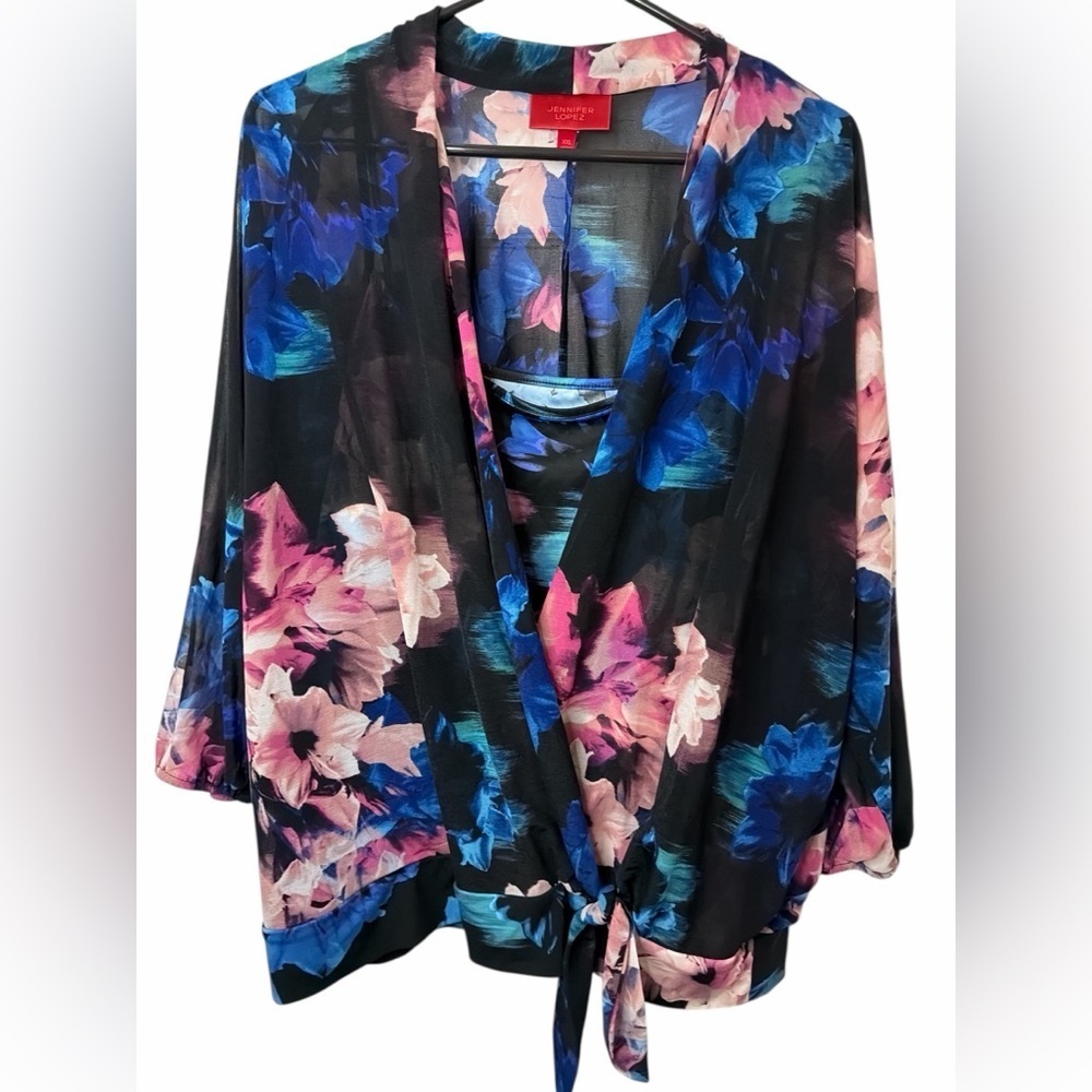 Jennifer Lopez Sheer Wrap Floral Blouse - Black, Blue, Pink LS NWOT
